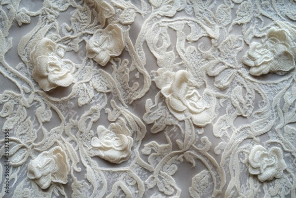 Fototapeta Intricate Jacquard lace fabric featuring floral patterns and embroidered roses in cream color.
