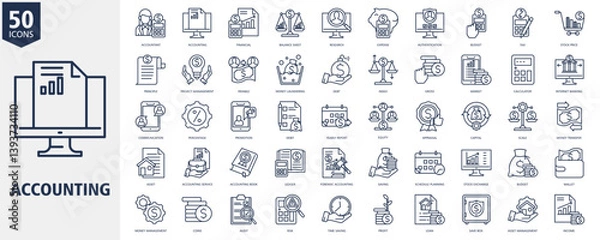Fototapeta Accounting Icon Set Outline Style with accountant, accounting, financial, balance sheet, research, expense, authentication, budget, tax and stock price
