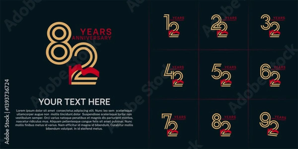 Fototapeta Anniversary logo type set with double line number. golden color and red ribbon for celebration event