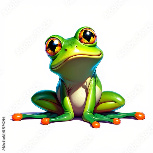 Obraz Cute Animated Frog Character Sitting on White Surface