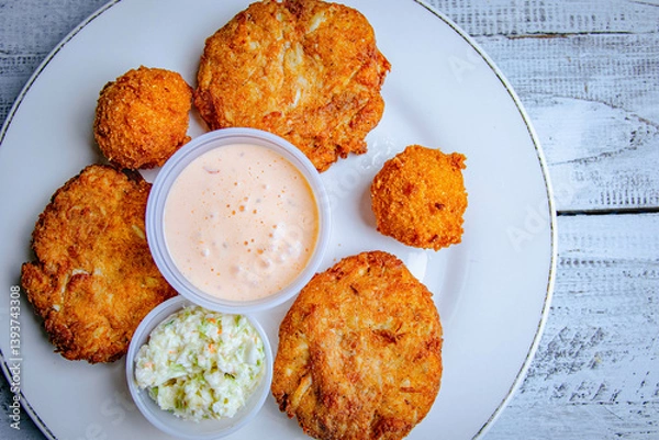 Fototapeta top view of fried crab cake with white sauce and salad served in a white plate.