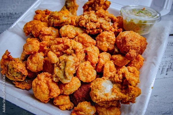 Fototapeta fried seafood mixed in a white plate with a side of salad.