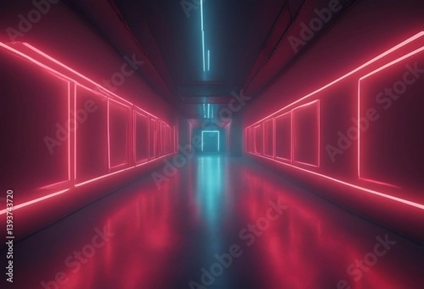 Fototapeta neon reflection lamps floor light dark symmetrical concrete 3d smoke long background room corridor mirroring abstract red illustration tunnel design city waterfall colourful fountain music clean