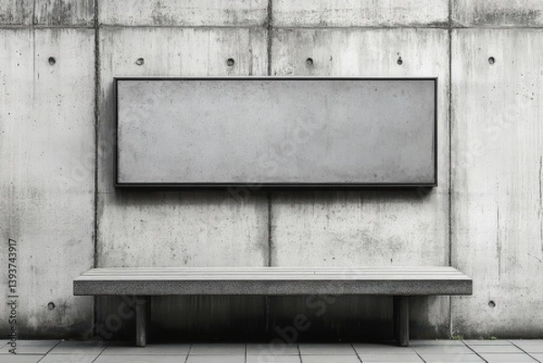 Obraz A concrete bench sits below a rectangular sign on a wall