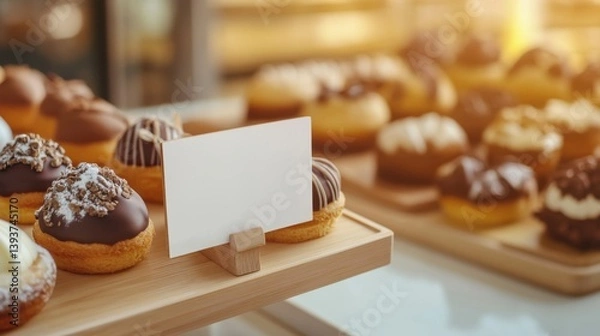 Obraz Blank price tags and signage. Assortment of Chocolate and Cream Pastries on Wooden Display with Blank Sign