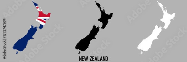 Fototapeta New Zealand flag and map shape black and gray color.