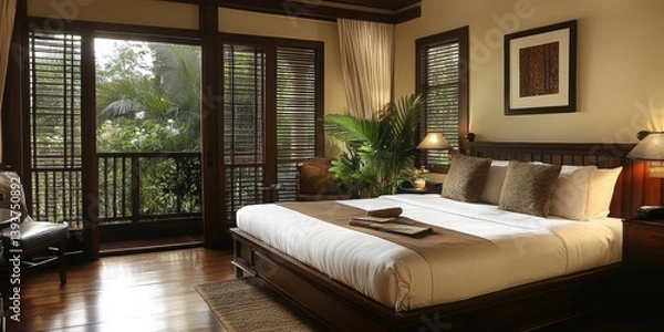 Obraz Luxury Hotel Room with Balcony Overlooking Lush Greenery | Interior Design and Architecture for Travel and Accommodation Marketing