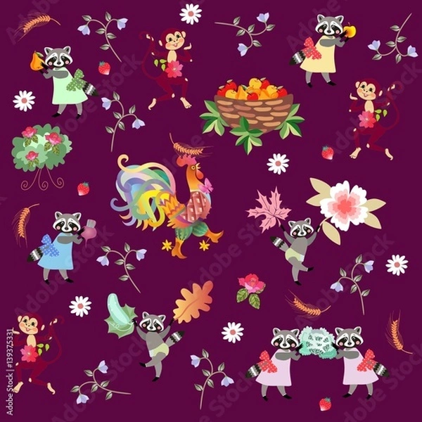 Fototapeta Harvesting. Fairy tale endless pattern with cute cartoon characters. Raccoons, monkeys, rooster and little birds. Greeting card. Vector illustration for baby.