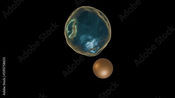 Obraz Moon orbiting liquid planet. Tidal forces. Solid spherical object gravitational influence on liquid sphere. Small ball orbits and deforms larger one. 3d render illustration.