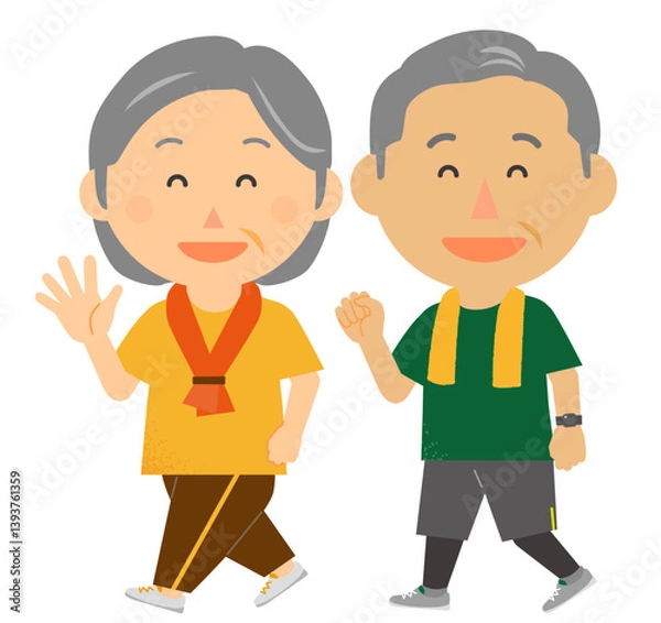 Fototapeta 高齢者運動男女夫婦ウォーキング