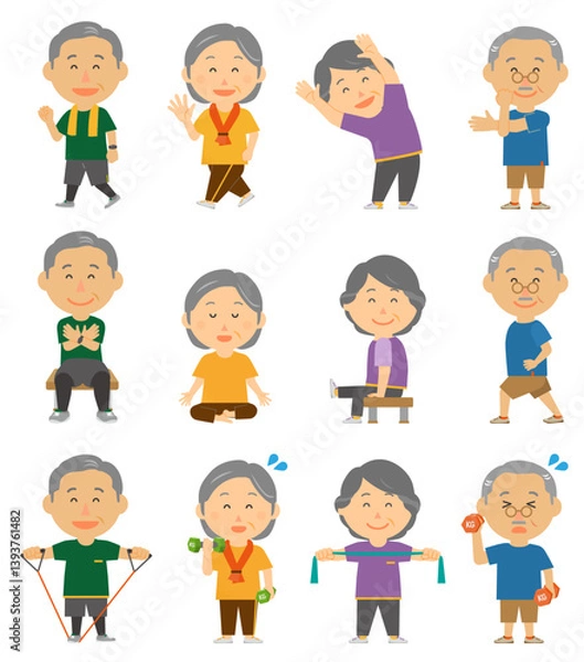 Fototapeta 高齢者シニア男女運動セット_ウォーキングヨガストレッチチューブダンベル