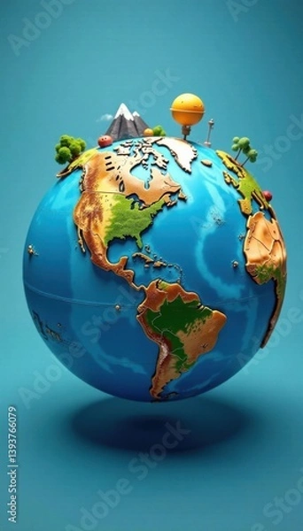 Fototapeta stylized globe with diverse landforms and water features, maps, geography