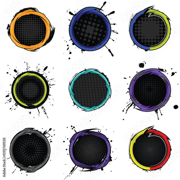 Fototapeta set of 9 Abstract vector Objects of High-energy racing with vibrant neon colors and dynamic abstract lines. Ideal for gamers, streamers, and e-sports themes.  