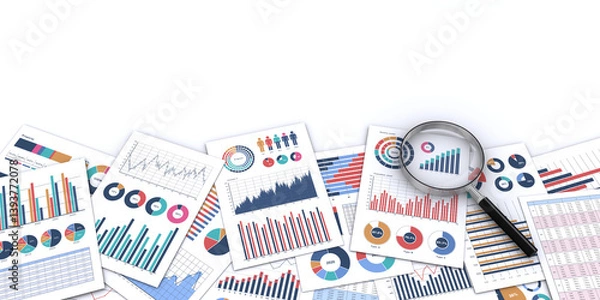 Obraz ビジネス資料と虫メガネ、ビジネス業績の検証やデータ分析のイメージ
