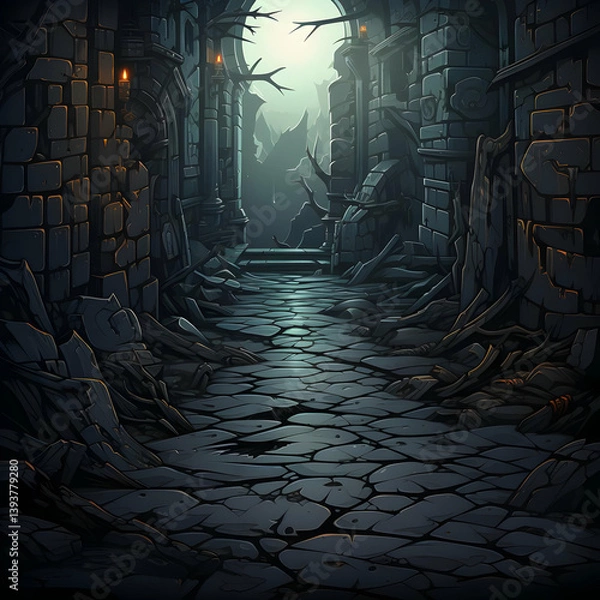 Fototapeta Gloomy Pixel Art Alleyway with Ancient Stone Buildings Under Dim Light Featuring Dark Gothic Architecture and Cobblestone Texture