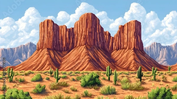 Fototapeta Majestic Desert Landscape with Towering Red Rock Mountains Under a Cloudy Sky in Pixel Art Style