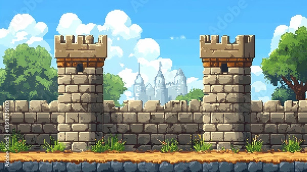 Fototapeta Medieval Stone Castle Wall Under Blue Sky Video Game Pixel Art Illustration With Green Trees Background