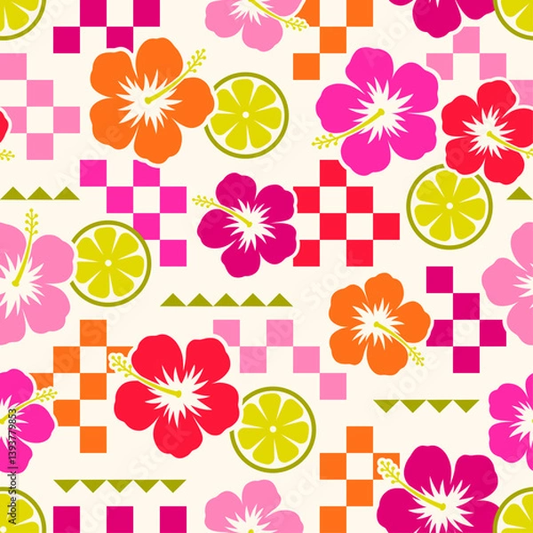 Fototapeta Hibiscus flower and sliced lime with checkered seamless pattern design for summer holidays background.