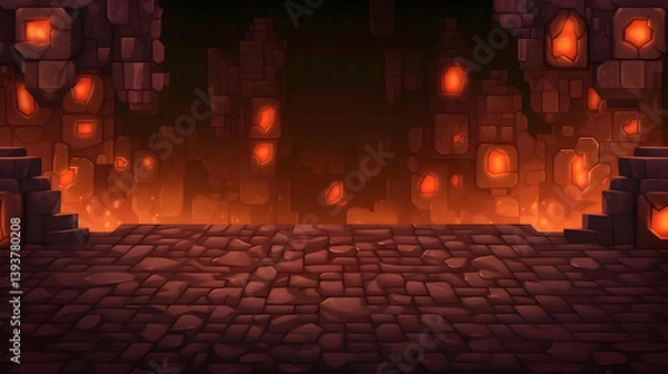 Fototapeta Lava Stone Pixel Art Dungeon Scene with Red Glowing Brick Walls and Floor for Retro Game Background in Dark Fantasy Setting