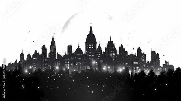 Obraz Cityscape Silhouette: Elegant Black and White Urban Skyline at Night