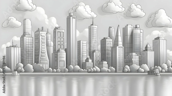 Fototapeta Monochromatic Cityscape Illustration Featuring Modern Buildings and Clouds Reflected in Water Grayscale Aesthetic and Minimalist Design
