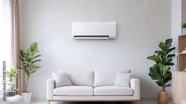 Fototapeta Modern air conditioner in a cozy living room.  Clean, minimalist design complements a light-filled space.  Plush seating and greenery add comfort and style