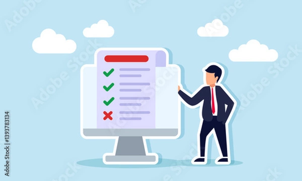 Obraz A businessman stands next to a monitor showing a checklist with check and uncheck marks, illustration of task list or product approval and rejection