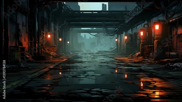 Obraz Gritty Urban Pixel Art Scene Featuring Dark Alleyway with Orange Lights Wet Street and Industrial Decay