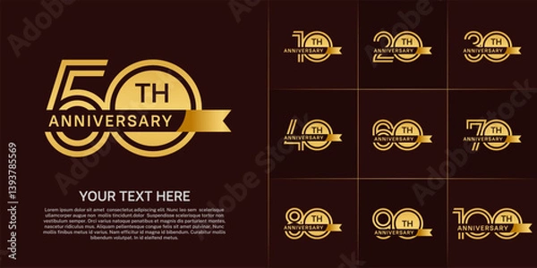 Fototapeta Anniversary logo type set with double line number. golden color with small ribbon for celebration event