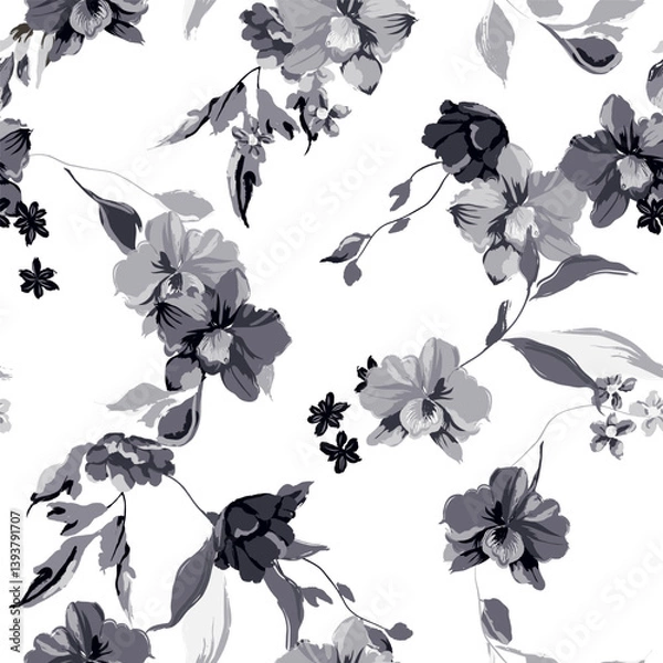 Obraz Floral seamless pattern features orchids and leaves in various shades of gray on white background. The flowers and leaves have a painterly, slightly abstract quality