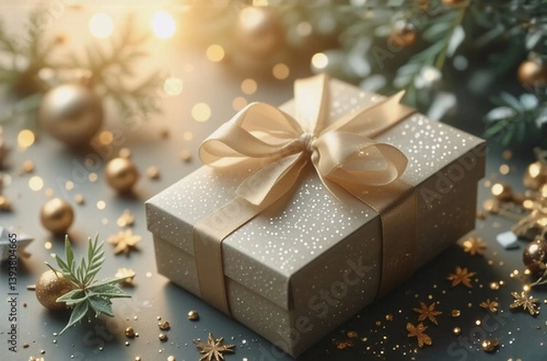 Fototapeta A glittery gift box with a gold ribbon sits amidst festive decorations, creating a warm, celebratory atmosphere with bokeh lights and golden accents.