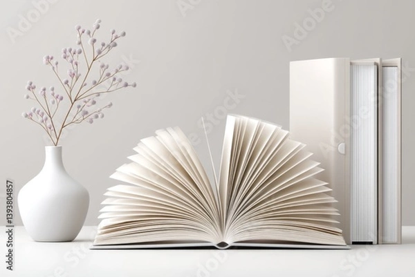 Fototapeta A minimalist concept of a single open book on a clean desk with neutral background