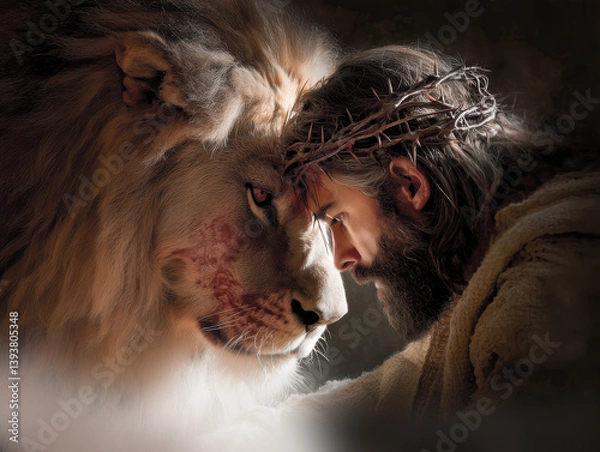 Obraz Jesus and the Lion of Judah – Powerful Biblical Easter Image of Sacrifice, Strength, and Redemption