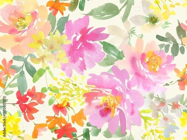 Obraz A seamless pattern of pink peonies and wild flowers painted in watercolor. A floral wallpaper pattern in watercolor. A botanical pattern painted in watercolor for wedding invitations, stationary.