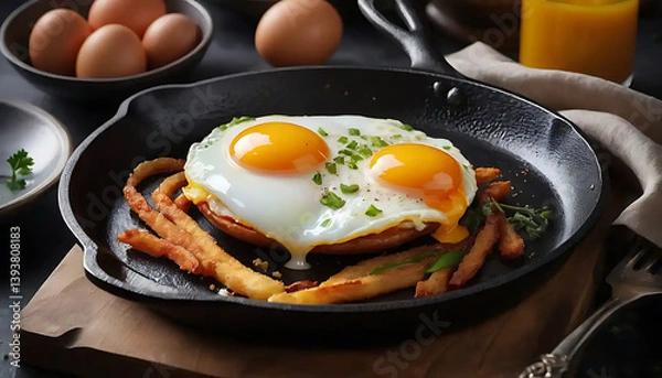 Fototapeta Fried Eggs with Fries in a Cast Iron Skillet Breakfast Food Close Up