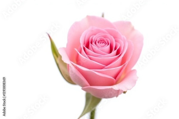Obraz single pink rose with green leaves on a white background