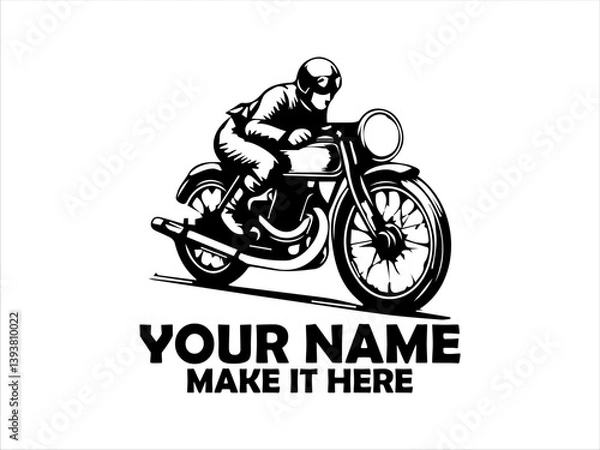 Obraz Dynamic monochrome illustration of a vintage motorcycle rider speeding forward with motion lines emphasizing velocity and classic design. logo vector design