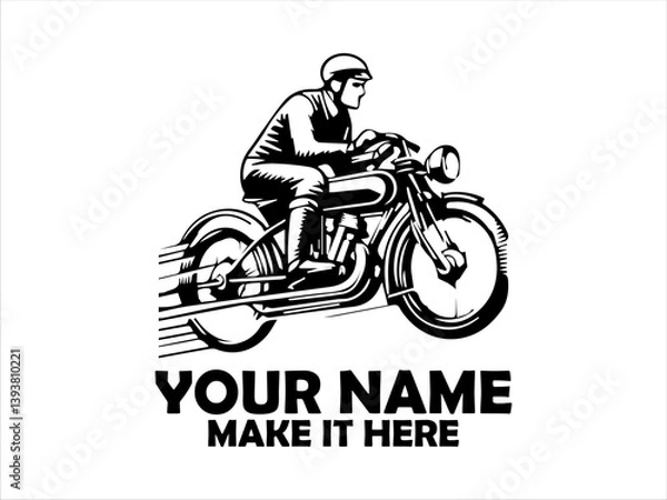 Obraz Dynamic monochrome illustration of a vintage motorcycle rider speeding forward with motion lines emphasizing velocity and classic design. logo vector design