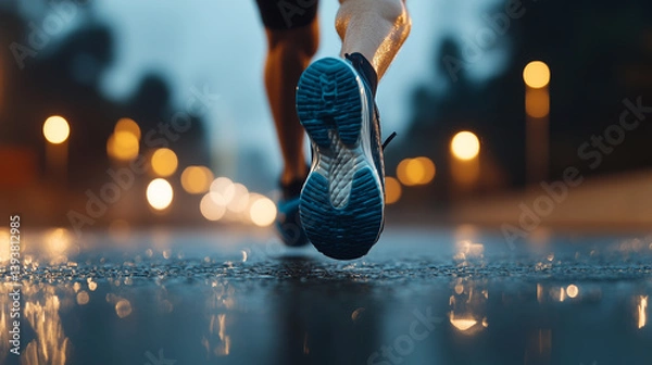 Fototapeta Close-up of running shoe sole hitting wet street with bokeh lights and reflections during evening jog.