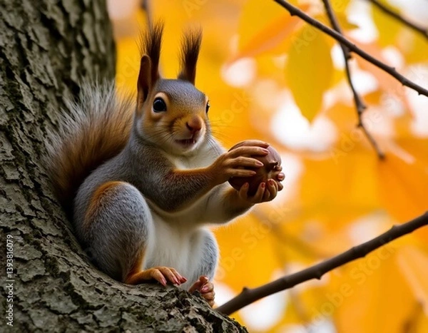 Fototapeta A squirrel sits in a tree holding a nut.