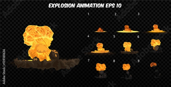 Fototapeta Vector explode. Explode effect animation with smoke. Cartoon explosion frames. Sprite sheet of explosion