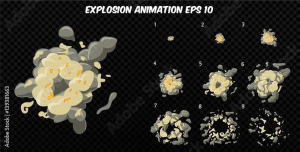 Fototapeta Vector explode. Explode effect animation with smoke. Cartoon explosion frames. Sprite sheet of explosion