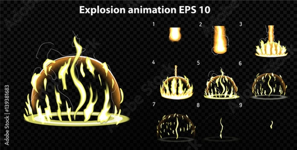 Fototapeta Vector explode. Explode effect animation with smoke. Cartoon explosion frames. Sprite sheet of explosion