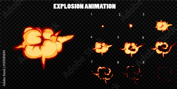 Fototapeta Vector explode. Explode effect animation with smoke. Cartoon explosion frames. Sprite sheet of explosion