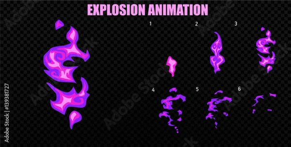 Fototapeta Vector explode. Explode effect animation with smoke. Cartoon explosion frames. Sprite sheet of explosion