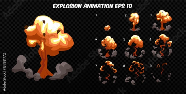 Fototapeta Vector explode. Explode effect animation with smoke. Cartoon explosion frames. Sprite sheet of explosion