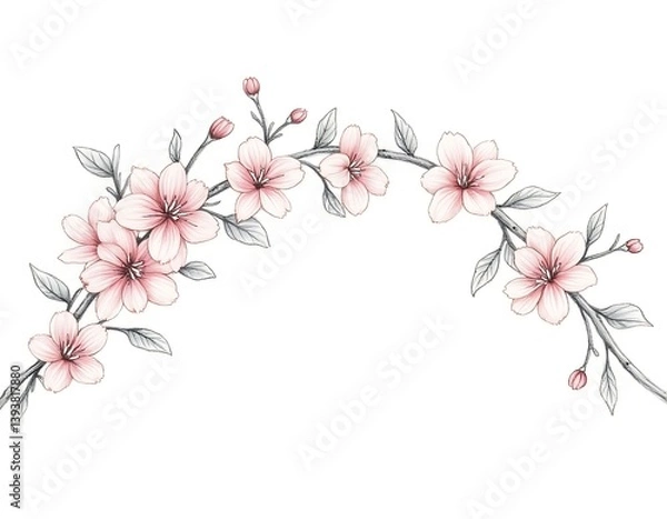 Fototapeta delicate pencil sketch of cherry blossoms on intertwining branches in a horizontal arch