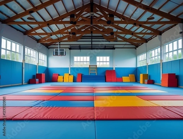 Fototapeta Interior of a brightly lit gymnastics gym with colorful padded mats and blocks, designed for safe athletic training, fitness development, and physical education activities
