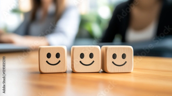 Fototapeta Three wooden smiling face blocks aligned on a wooden desk with blurred coworkers in background representing positive customer service and satisfaction in workplace.