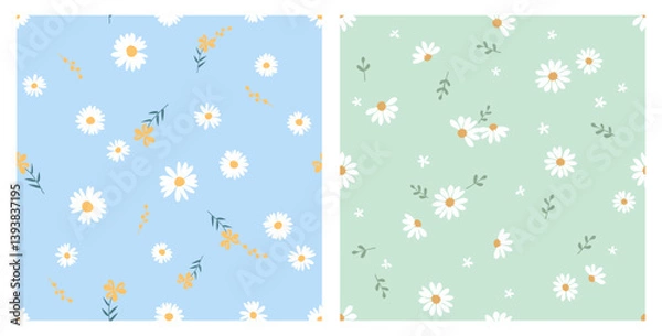 Fototapeta Seamless patterns with daisy chamomile flower and branches on blue and green backgrounds vector.